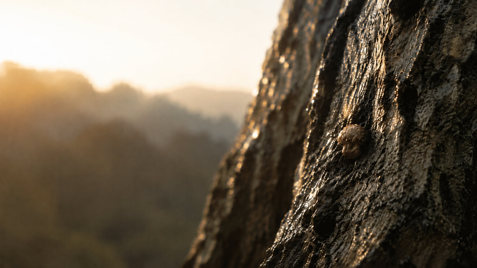 The first shiitake breaking through wet bark at dawn, the Keihoku ridges soft behind it