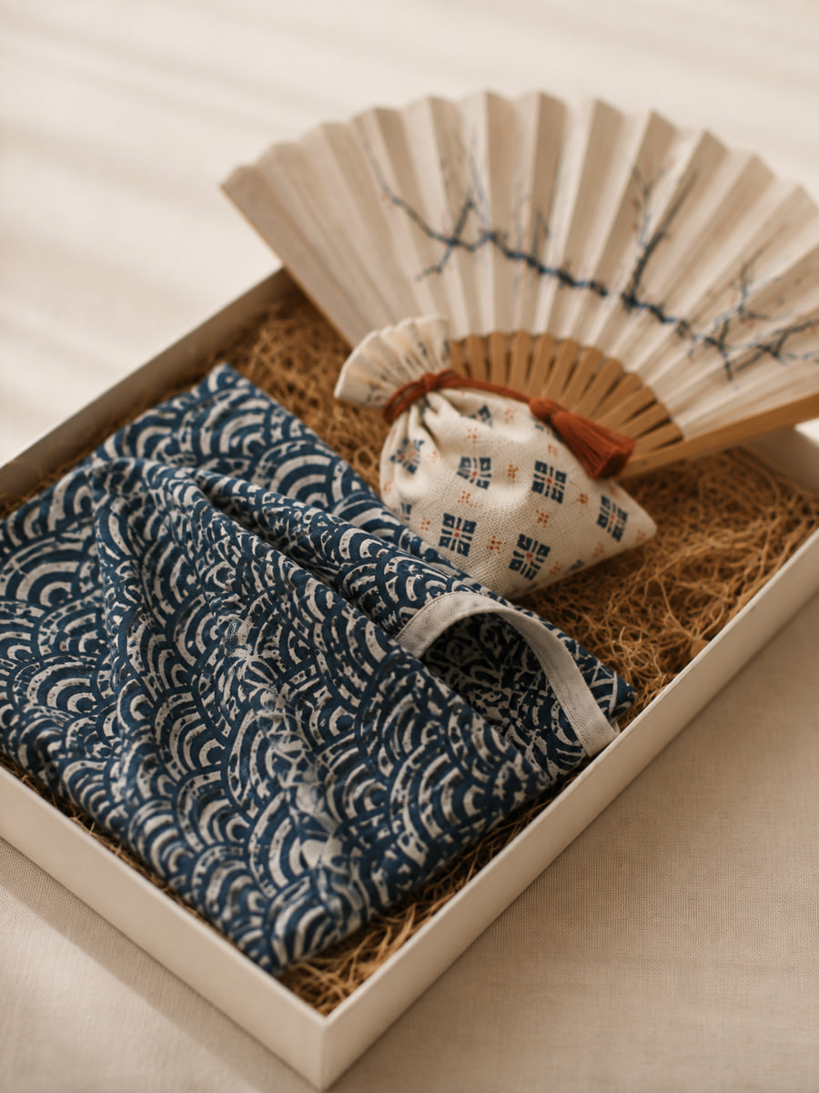 Quarterly Kyoto box with indigo furoshiki, folding fan and patterned pouch