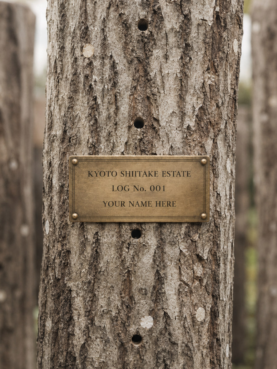 Oak log in the Keihoku forest with an engraved brass plate reading Log No. 001